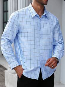 Manfinity Mode Men Plus Size Plaid Long Sleeve Single-Breasted Casual Commuter Shirt, Fall