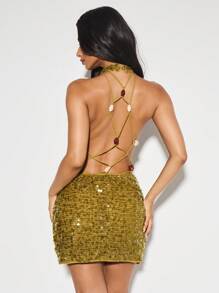 KIZN Váy ngắn hở lưng đính sequin vàng kim loại có chi tiết đính cườm ở lưng cho tiệc tối lễ hội Giáng sinh ngày lễ năm mới - màu xanh lá - Xem 2