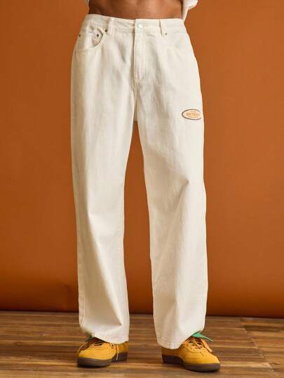 Musero Pantalones con pierna recta, detalles de parches de marca, cierre con botones, ideales para el verano y las vacaciones