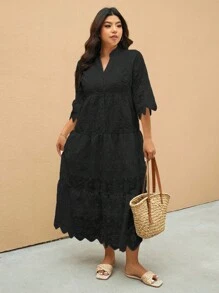Elaquor Plus Size Solid Color Hollow Out Embroidery Casual Vacation Dress - Black - View 2