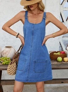 EMERY ROSE 女式休闲无袖短款牛仔连衣裙，蓝色 - 中等水洗藍 - 查看 5