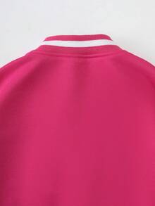 SHEIN 青少年女孩休闲日常撞色字母植绒纽扣棒球夹克