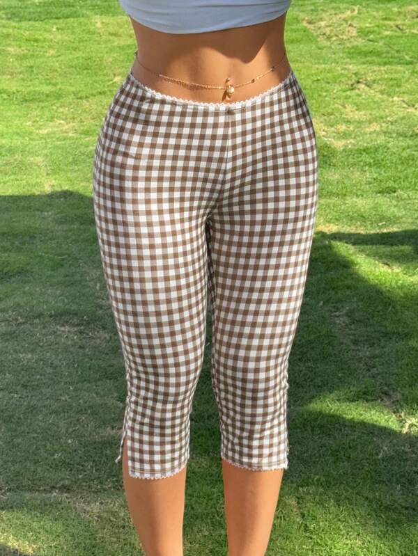 SHEIN EZwear Women's Coffee Brown Plaid Knit Elastic Leggings