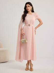 Modelyn Trang trí khóa kim loại bất đối xứng, áo choàng bằng vải chiffon tay lớn, váy bó eo - Hồng - Xem 3