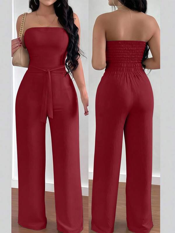 INAWLY Leisure Resort Bandeau Belted Jumpsuit For Women