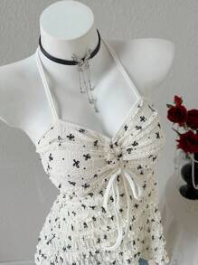 INAWLY Sexy Butterfly Print Drawstring Backless Halter Top - Apricot - View 3