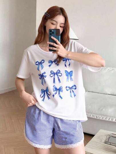 2pcs Teenage Girls Sweet & Cute Elegant Casual Blue Bow Decor Round Neck Short Sleeve Top And Blue Plaid Shorts Comfort Pajama Set