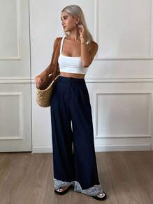 Livesso Women's Loose Contrast Lace Wide Leg Pants With Pockets, Casual Holiday Trousers For Autumn - Navy Blue - View 5