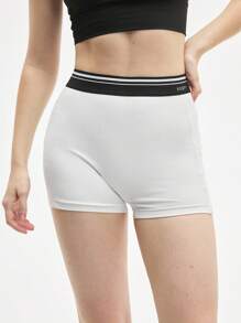 SHEIN Sports 女士高腰条纹紧身运动短裤，适合日常锻炼 - 白色 - 查看 4