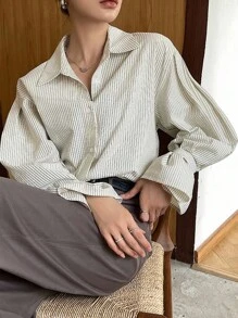 DAZY 女式条纹长袖单排扣休闲宽松通勤衬衫秋季 - 米色 - 查看 9