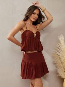 L'Amorae 休闲简约纯色蕾丝下摆半身裙，百搭 - 鏽棕色 - 查看 4