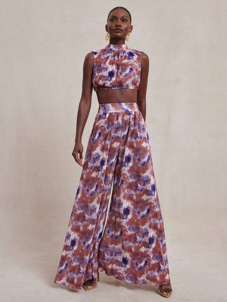 NYA SZN Matching Set (Top/Pant) Top Short Sleeve High Neck Cropped Cut Out Detail Pant High Rise Loose Straight Leg Brunch Special Occasion Event Modest Church Wedding Guest Bridal Party Summer Fall Thanksgiving Christmas NYE New Years Eve Outfits For Women