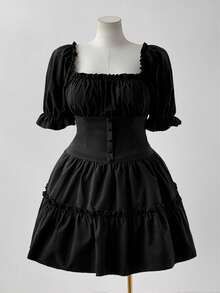 Sunspun Plus Size Square Neck Lantern Sleeve Solid Color Waist Tie Casual Young Lady Dress, Dark Style  Gothic Dress Halloween - Black - View 3