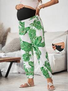 SHEIN Maternity High Waist Tropical Leaf Print Adjustable Waist Wide Leg Pants - Multicolor - View 1