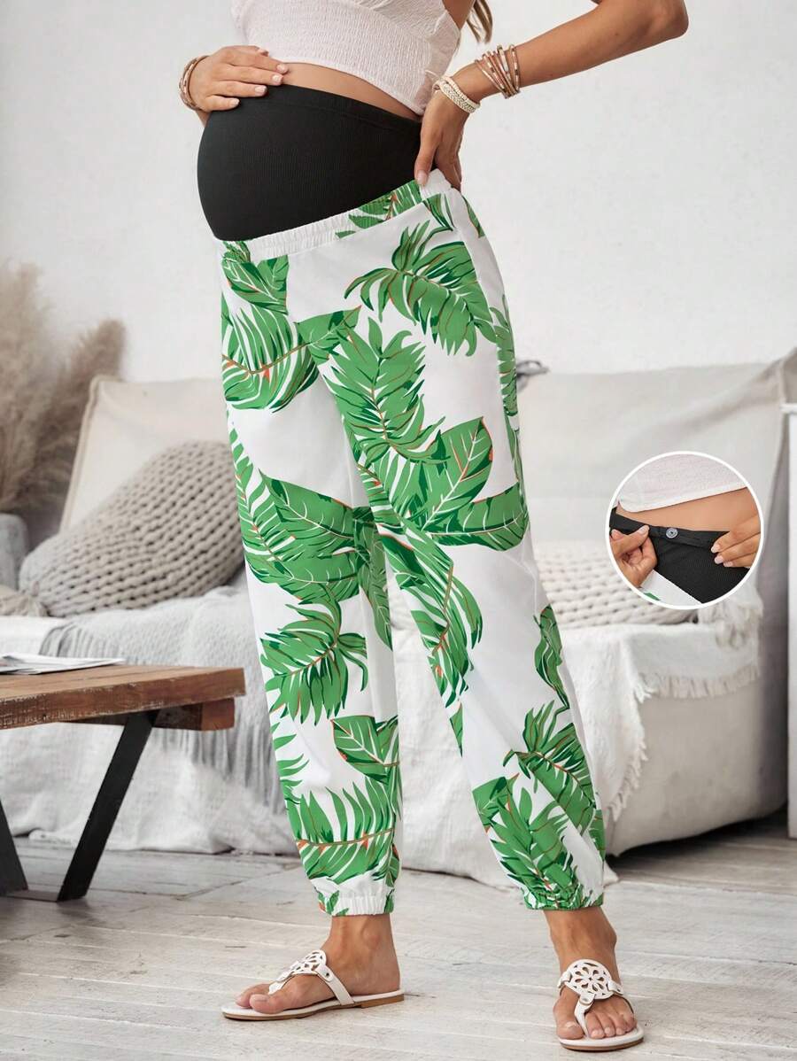 SHEIN Maternity High Waist Tropical Leaf Print Adjustable Waist Wide Leg Pants - Multicolor - View 1