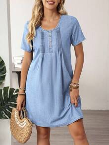 EMERY ROSE Women's Button Design Round Neck Short Sleeve Casual Denim Dress - Light Wash - View 3