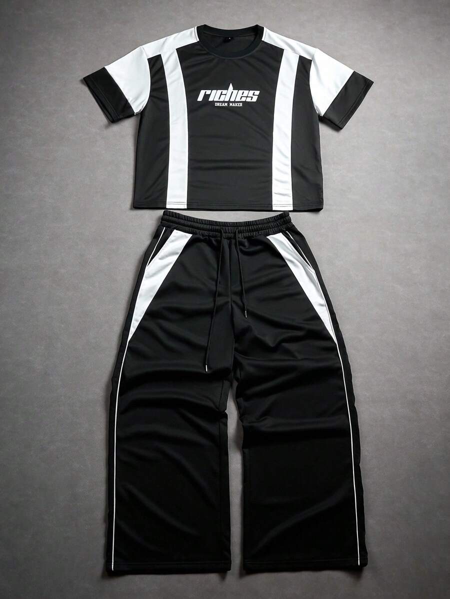 Manfinity Campus Court Męski, swobodny, letni zestaw z krótkim rękawem i kontrastowym nadrukiem liter oraz spodniami ze ściągaczem w pasie, dwuczęściowy zestaw męski w kolorze czarnym, męskie zestawy streetwear, czarno-biały dwuczęściowy zestaw męski - Wielokolorowe - Zobacz 1