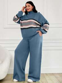 EURMUSE 2 pezzi, Maglione da donna con collo alto e motivo geometrico - blu polveroso - Visualizzare 3