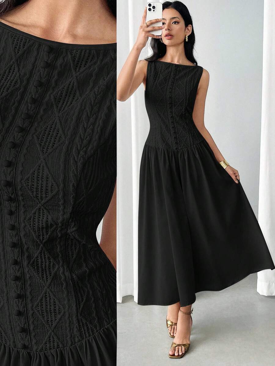 Modelyn 女士纯色优雅中长无袖连衣裙，夏季 - 黑色 - 查看 1