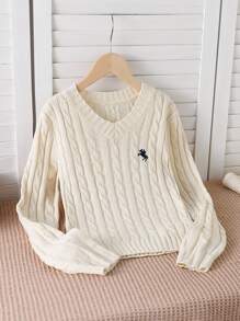 SHEIN Sparklyn Tween Girl's Knight Graphic V-Neck Long Sleeve Casual Sweater Fall Winter - Apricot - View 7