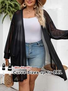 SHEIN CURVE+ Ropa de talla grande con curvas/Ropa escolar/Ropa de vuelta al colegio/Ropa de talla grande para mujer Cárdigan negro ligeramente translúcido de longitud media Chaqueta de talla grande