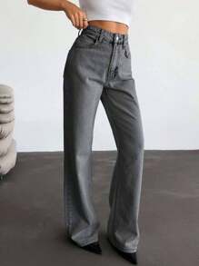 RueChic Calça jeans feminina de cintura alta com bolsos, reta, solta e casual, versátil