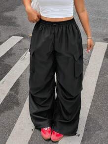 SHEIN EZwear Plus Size Solid Color Front Tie Minimalist Casual Pants