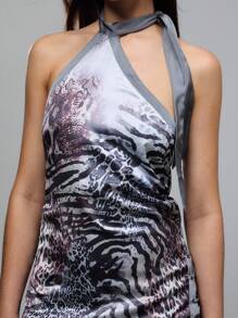 TypaGal Light Grey Halter Mini Dress,Summer Animal Print Asymmetrical Silhouette Silky Tie-Neck Club Night Dress For Women,Sultry Sleeveless Party Wear - Multicolor - View 5