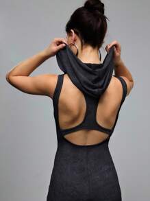 SHEIN Unity Mono de mujer con capucha, de color liso, con diseño hueco y cordones, de estilo sexy - Negro - Ver 5