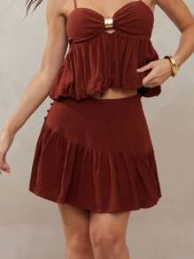 L'Amorae 休闲简约纯色蕾丝下摆半身裙，百搭 - 鏽棕色 - 查看 3