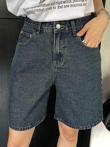 DAZY 女士夏季蝴蝶结刺绣牛仔短裤 - 中等水洗藍 - 查看 3