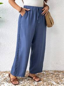 SHEIN PETITE Plus Size Vacation Casual Side Slit Lace Trim Pants - Blue - View 3