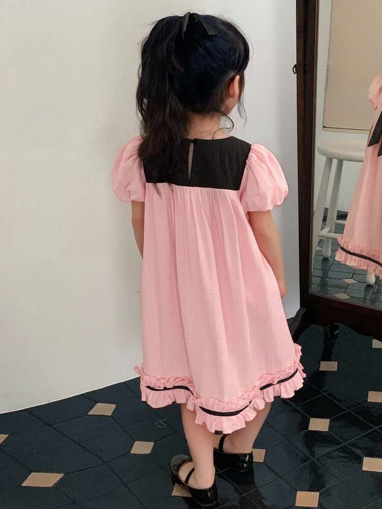Young Girl Bow Decor Short Puff Sleeve Cute Party Dress