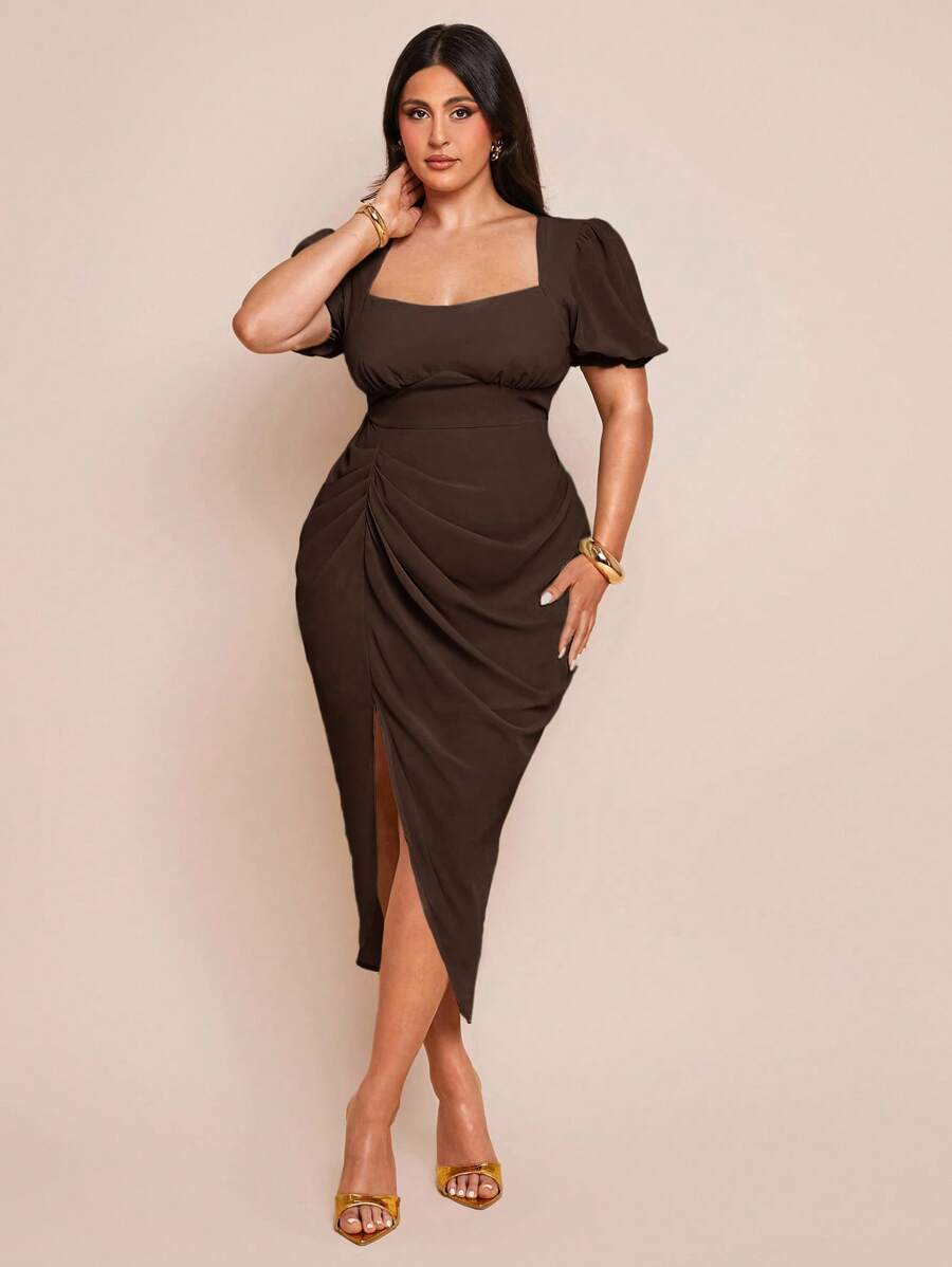 SHEIN BAE 大码女式春夏绿色雪纺褶饰高开衩飘逸连衣裙，短袖连衣裙 - 咖啡棕 - 查看 1