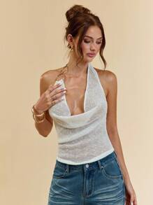 SHEIN BAE Women's Solid Color Plunging Neck Ring Connected Sexy Halter Top - White - View 3