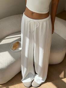 SHEIN EZwear Weiße lässige strukturierte Damenhose mit Kordelzug in weitem Bein, locker geschnitten, für Flughafen, Schule