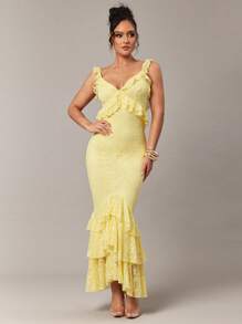 Silquee Premium Early Autumn Summer Cream Yellow Ladies Floral Stretch Lace Ruffle Straps Slim Asymmetrical Multi-Layered Ruffle Hem Dress, Elegant Dress, Tea Party Dress - Yellow - View 5