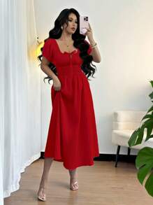 Rafferiza Đầm suông tay bồng màu trơn thanh lịch thắt eo tay ngắn cho nữ - Đỏ - Xem 5