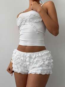 Aloruh Women's Fashion Color Contrast Lace Trim Mesh Multilayer Ruffle Edge Cake Shaped Super Short Shorts, Music Festival, Spring/Summer,For Daily,Office,Outgoing - White - View 8