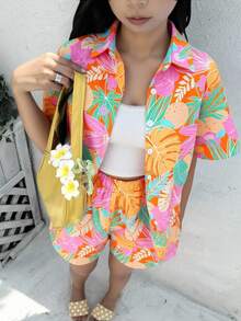 SHEIN Leap Crew 2pcs/Set Teen Girl Tropical Print Loose Shirt & Shorts Set, Spring/Summer, Vacation Style - Multicolor - View 1