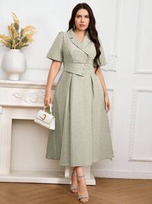 Modelyn Plus Size Summer Solid Color Square Neck Short Sleeve Women's Dress Long Evening Dresses - Green - View 3