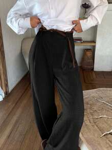 EURMUSE WOMEN WIDE LEG HIGH WAIST PANTS WITH BELTED - Black - View 4