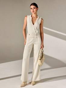 CLARA VERO Elegancki dwurzędowy krój z dekoltem mandaryńskim, zapinany na dwa guziki, bez rękawów, jednolity kolor, kamizelka i szerokie nogawki, jednokolorowe, gładkie, dzianinowe spodnie, 2 sztuki