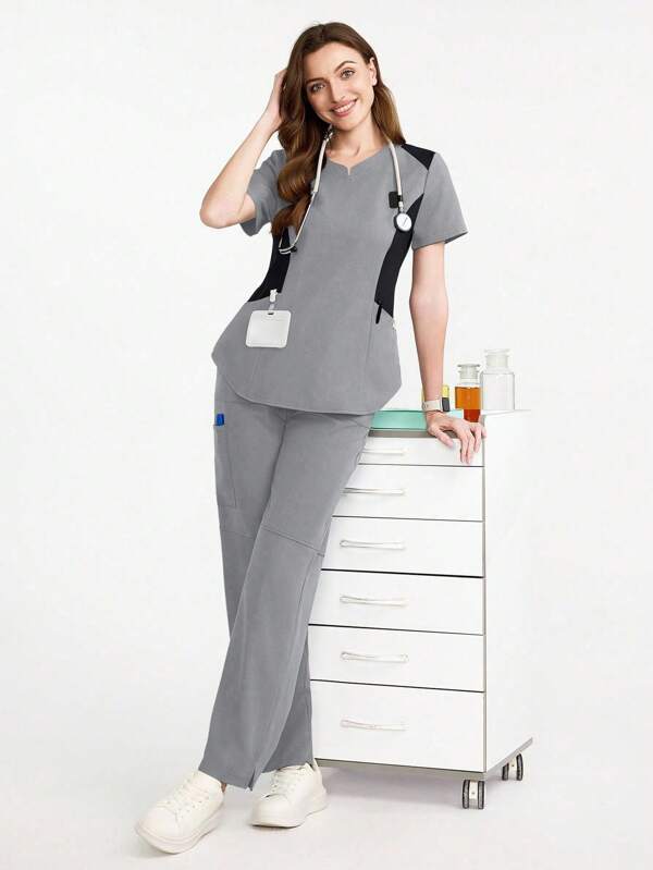 TaskEZ Plus Size Women Colorblock Short Sleeve Scrub Uniform Set