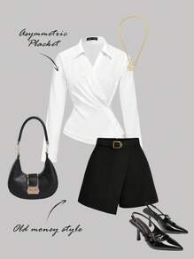 SHEIN MOD 白色斜襟腰部修身长袖衬衫，乡村音乐会，可爱，西部女装，度假，复古，女式外出上衣，学校，秋季，街头服饰，老钱风格女装，女式教师，工作衬衫，办公室，女式办公室，女式工作服，返校，女式机场上衣 - 白色 - 查看 5