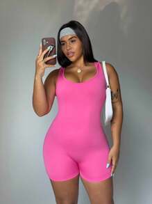 Gameset SHEIN Sport Mono deportivo sin costuras con capucha para mujer talla grande rosa intenso