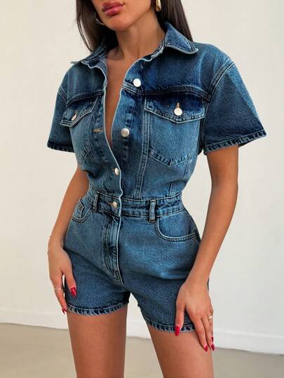 EURMUSE Women's Short Sleeve Single Breasted Pocket Casual Denim Jumpsuit