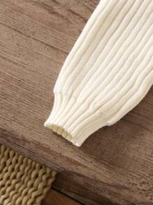 男婴纯色罗纹针织圆领长袖毛衣和裤子套装 - 米色 - 查看 8