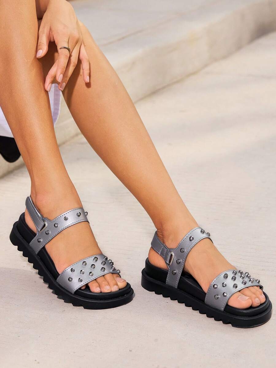 休闲时尚百搭简约舒适女士露趾平底凉鞋 - 深灰色 - 查看 1