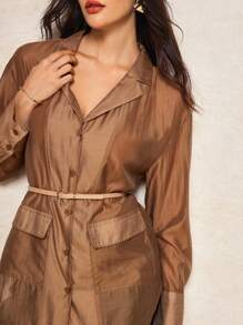 MIRENZI Camisa transparente grande cáqui sólida feminina verão outono casual camisa top - Caqui - Ver 1